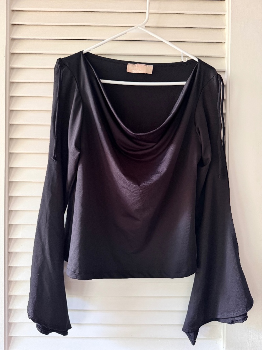 Y2K Black Cowl Neck Top XL Bell Sleeve Shoulder Cutout Goth Witchy Whimsical